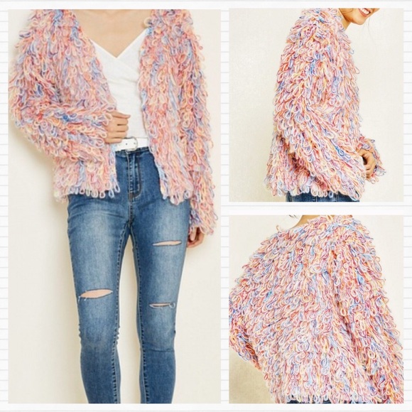 🏷️ SOLD Hayden Multi Color Fringe Yarn Loop Sweater Jacket - Picture 4 of 16